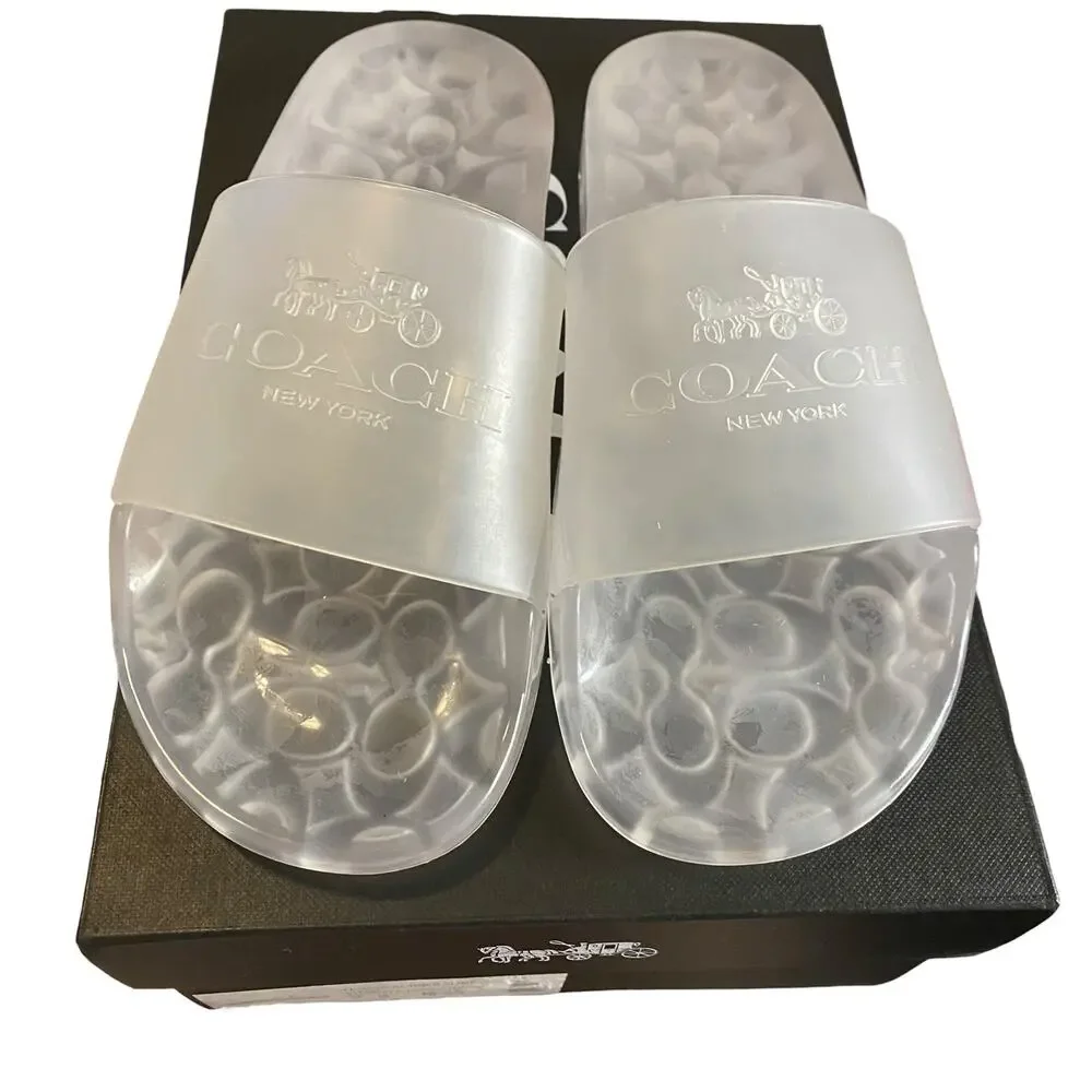 NIB Size 9B COACH Ulyssa Clear Water-Resistant Jelly Rubber Logo Slip-On Slides